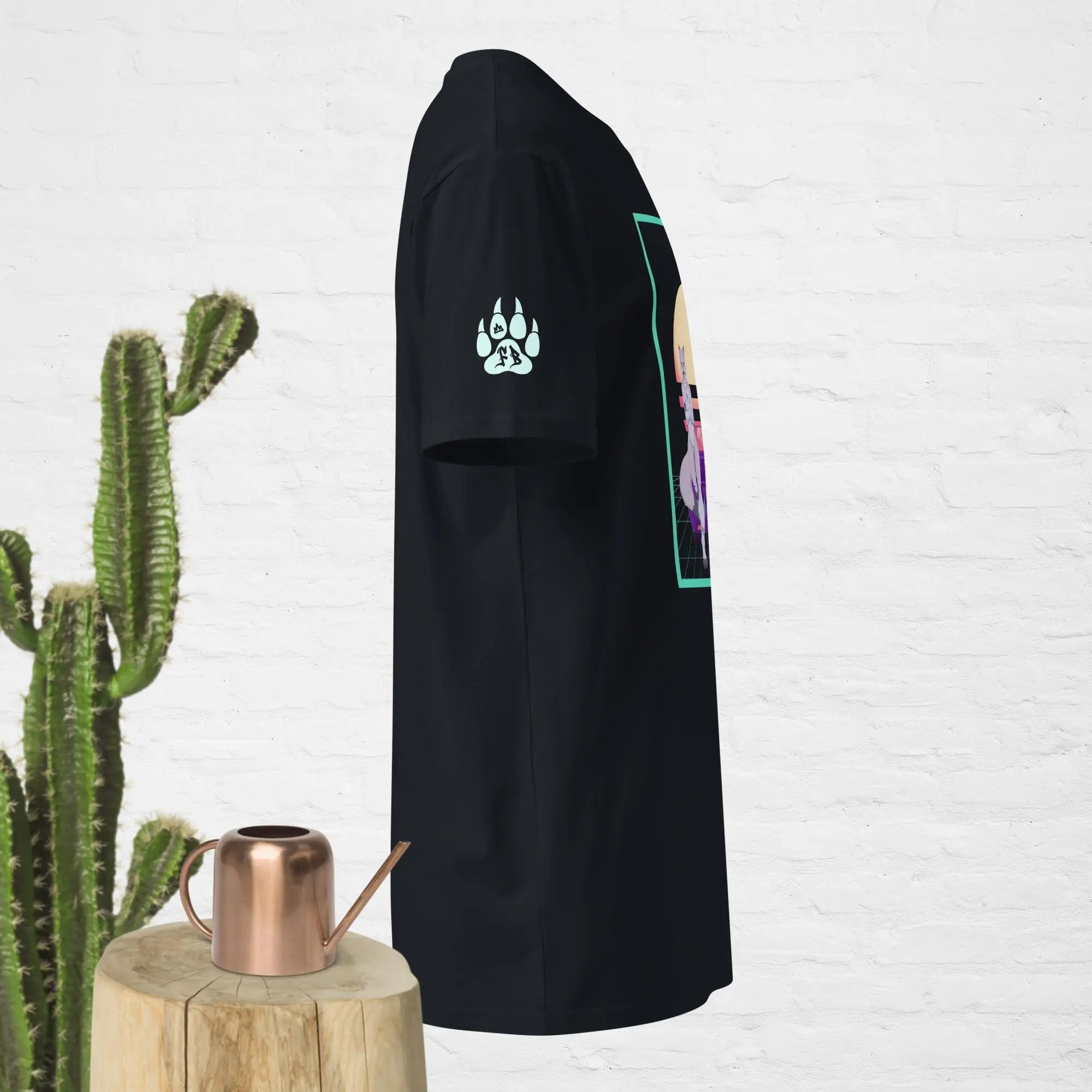 Black unisex t-shirt featuring a graphic design and paw print on sleeve, made of soft cotton.